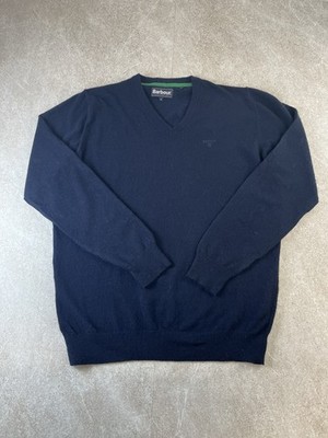 Barbour Herren Essential V-Ausschnitt Pullover 100% Lammwolle Marineblau Größe Large Vintage