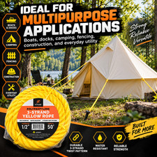 Yellow Twisted Polypropylene Rope, 1/4" Thickness x 50' Length Heavy Duty Pol...
