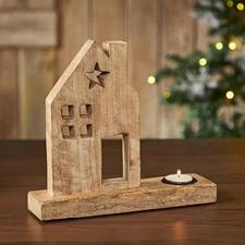 Wooden Brown Saltbox House with Star Natural Tealight Holder 1-Pack
