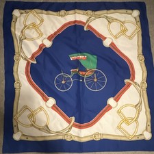 Silk Satin Square Scarf Blue White Gold Equestrian Carriage Print Women
