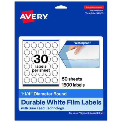 Avery Printable Durable White Round Labels Sure Feed Technology 1.25 Diameter