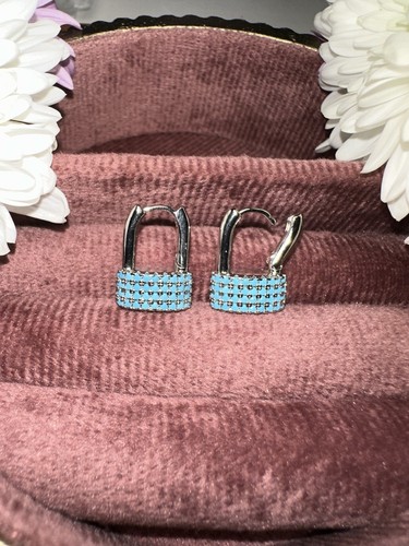Sterling Silver Turquoise Pave Lock🔒Huggie Earrings