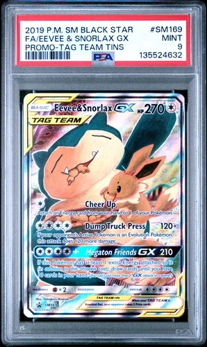2019 POKEMON SM BLACK STAR PROMO TAG TEAM TINS FULL ART/EEVEE & SNORLAX GX PSA 9