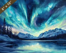 Alaska with aurora borealis oil painting 8x10 Print