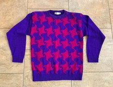 Vintage 80s Houndstooth Sweater Medium Magenta  Purple USA Made Loomknits Retro