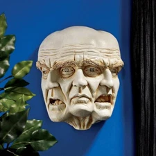 3 Faces Gothic Wall Sculpture 10in Home Decor Wall Trophy Man Cave Bar Replica.