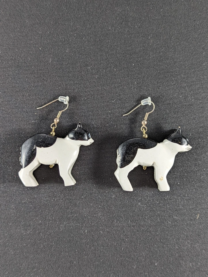 Manx cat earrings black/white hand-painted - Image 3 of 4