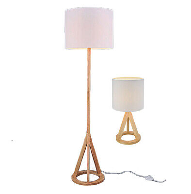 Bi Natural Wood Base Table Lamp And, Floor Lamp And Matching Table