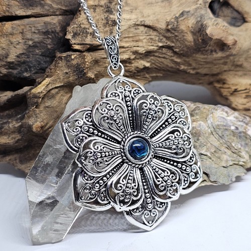 Abalone Mandala Pendant Necklace Statement 33" Chain Large Lotus Bib Jewellery - Picture 11 of 24