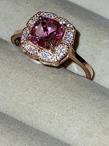 Cushion-Cut Pink Topaz 7mm & Simulated Cz's, 14K Rose Gold Plate St.S. 925, 8.5 - Picture 11 of 15