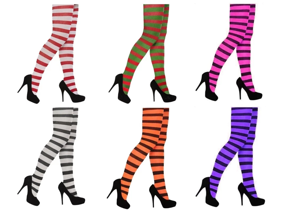Ladies Striped Tights Fancy Dress Costume Stripe Halloween Christmas Elf Wally