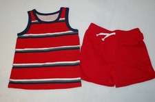 Baby Boys RED TANK TOP Navy Blue Trim GRAY WHITE STRIPES Knit Shorts 0-3 MO