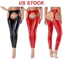 Womens Wet Look Patent Leather Skinny Pants Crotchless Cutout Leggings Clubwear
