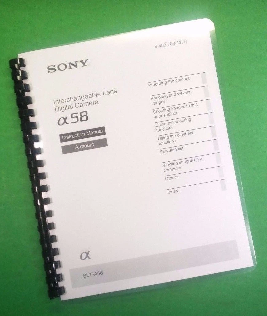 Owners Manual For Sony SLT A58-A58K Camera 96 Pages W/Clear Covers.