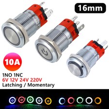 16mm Metal Push Button Switches 10A Momentary Latching LED Light Waterproof IP65