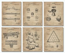 Billiards Patent Print Set 6 Vintage Art Prints 8x10 in Gifts Pool Players Room