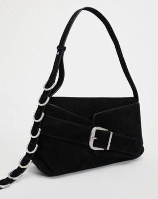 Zara 100% Suede Leather Crossbody Bag With Buckle Strap Black 6251