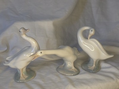 Lladró Porzellan Ente Figuren 3er Set - glänzend weiße Gänse Ornamente Spanien