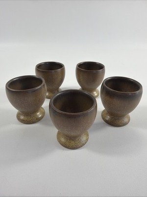 Studio Pottery Egg Cups Set of 5 Brown Speckled Stoneware England, Handmade