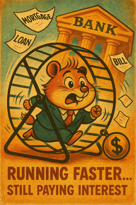 Poster Running Faster - Hamster im Anzug auf Schuldenrad, lustiger finanzieller Kunstdruck