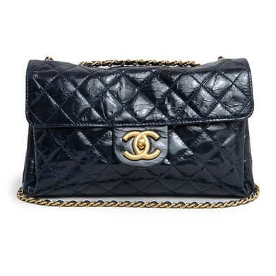 Chanel Coco Mark Matelassé W Chain Navy Shoulder Bag Quilted Leather #BCB534
