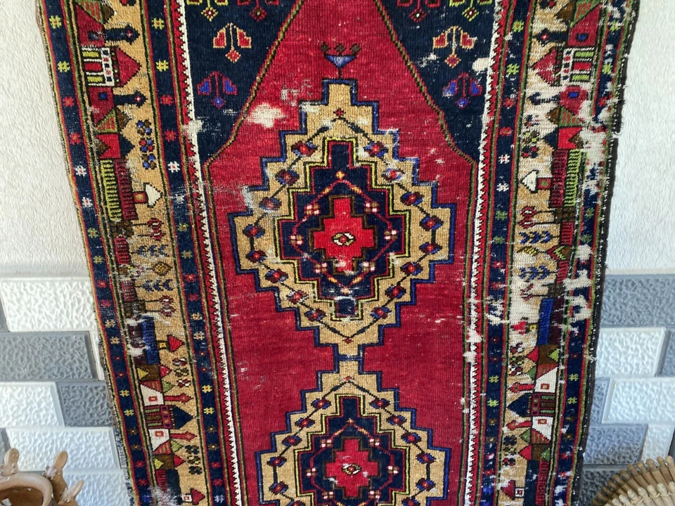 Vintage Turkish Tribal Rug | 3 x 9 ft Farmhouse Hand-Knotted Wool Geometric Rug - Image 3 of 4