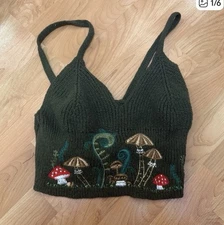 Romwe Knit Crocheted Mushroom Green Shroom Crop Tank Top Size Large