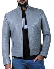 Men's Quilted Leather Jacket 100 Lambskin Biker Stylish Casual Gray Jacket