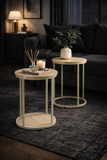 Set of 2 Round Nesting Side End Tables Beige Travertine Finish Scandinavian