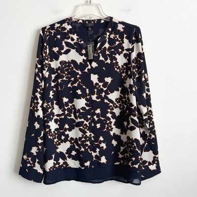 The Limited Popover Top Blouse L Navy Blue Orange Floral Long Sleeve Layers NEW