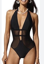 NWT CUPSHE Women's 1 Piece Bathing Swimsuit Deep V Neck Halter Back Tie Mesh, M