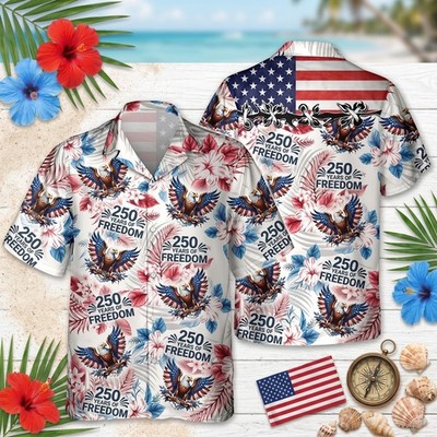 USA 250 Years of Freedom Hawaiian Shirt Eagle Hibiscus 4th of July Patriotic