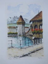 Antique Vintage Colored Etching On Paper Signed Unframed Castle