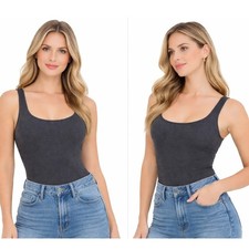 American Eagle Ribbed Tank Square Neck Bodysuit Gray Womens Small Minimalist