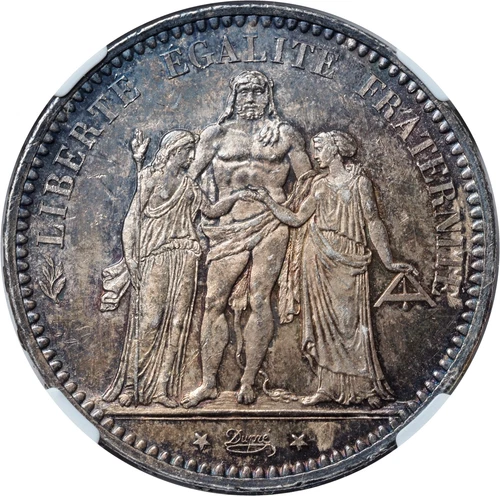 1873, France (3rd Republic). Silver 5 Francs Coin. Beautiful Toning! NGC MS-63!