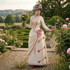 1880s The Gilded Age Dress Victorian Bustle Beige Pink Edwardian Historical Gown