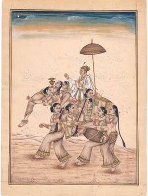 Painting Mughal Emperor Akbar On Composite Elephant Of Women 7.5x10 Inches