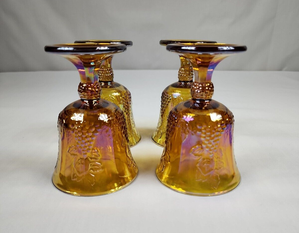 Vintage Gold Iridescent Indiana Carnival Glass Goblet Harvest Grape Set Of 4