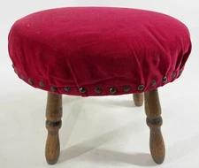 Vintage 12" Red Velvet Turned Leg Victorian Style Sewing Foot Stool Ottoman