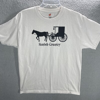 Amish Country Horse & Buggy T Shirt Men's Size Medium Tan Hanse Comfort Tee 