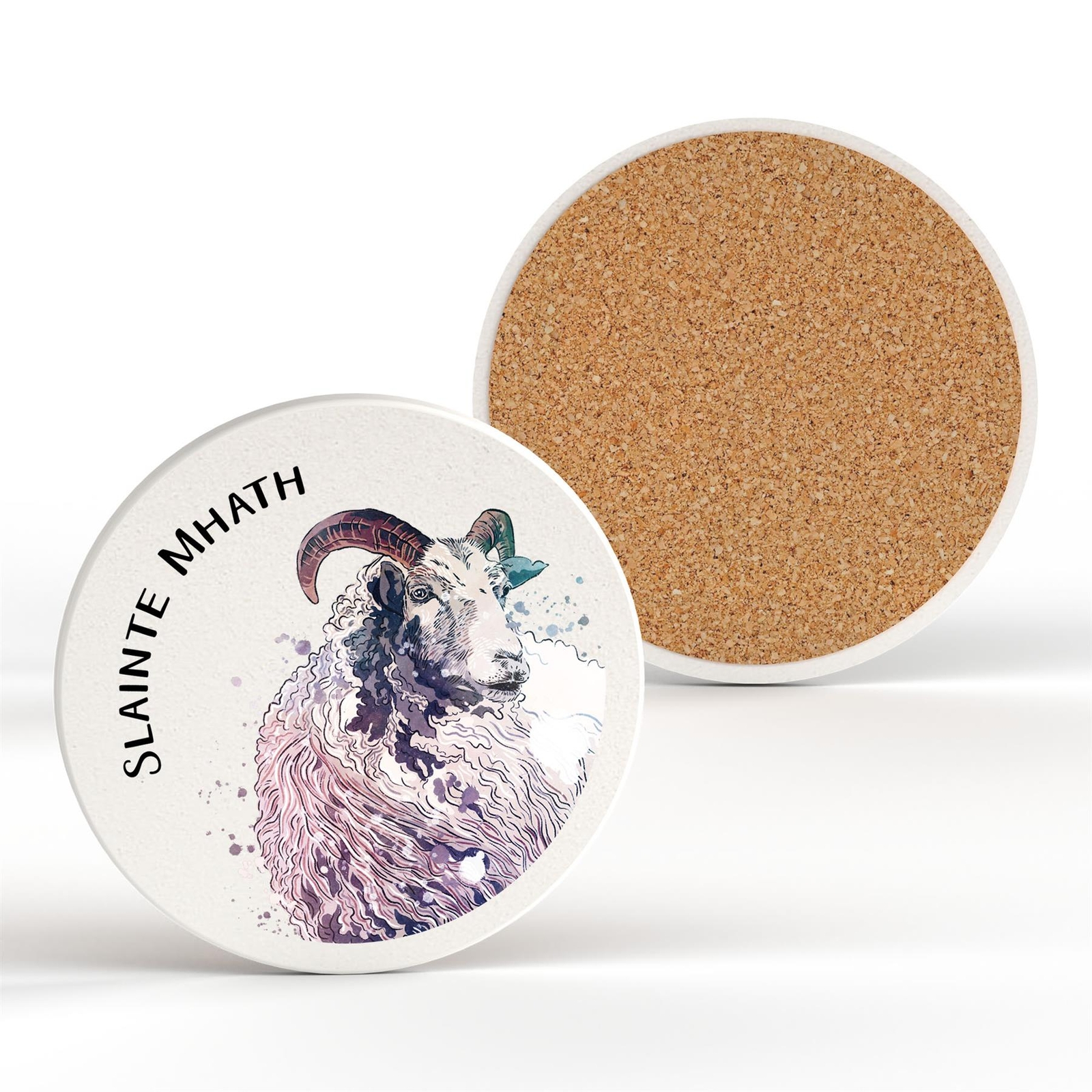 Slainte Mhath Highland Sheep Watercolour Illustration Ceramic Round Coaster