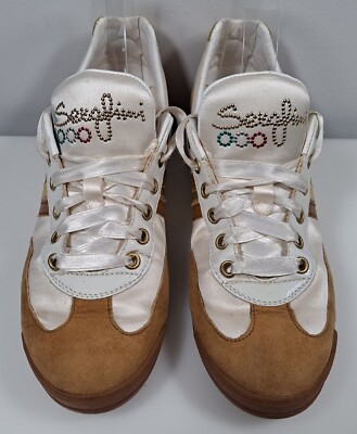 Serafini Wildleder Satin Sneaker Damen Größe UK 5 Gold Weiß Handarbeit Bestickt 