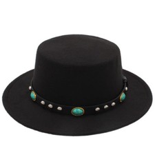 New Unisex Wool Boater Hat Wide Brim Pork Pie Cap Turquoise Rivets Leather Belt