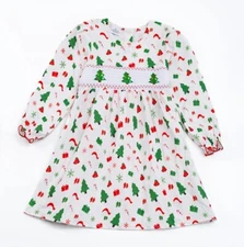 NEW Boutique Christmas Tree Girls Smocked Embroidered Dress