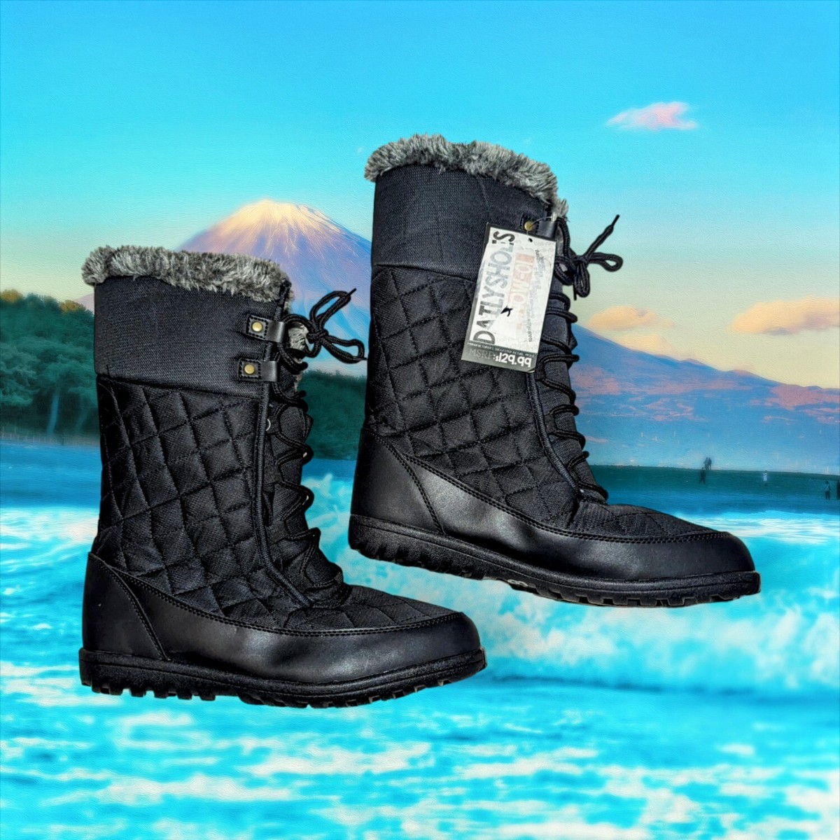 DAILY SHOES $129 Black QUILTED Snow Boots Size Faux Fur WATERPROOF  Women's