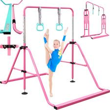 Folding Kids Gymnastics Bar w/ Rings Sturdy Kip Bar Horizontal Home Gym