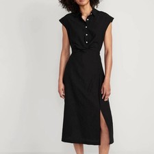Old Navy NWT Waist-Defined Twist-Front Midi Shirt Dress Black XL Capsule