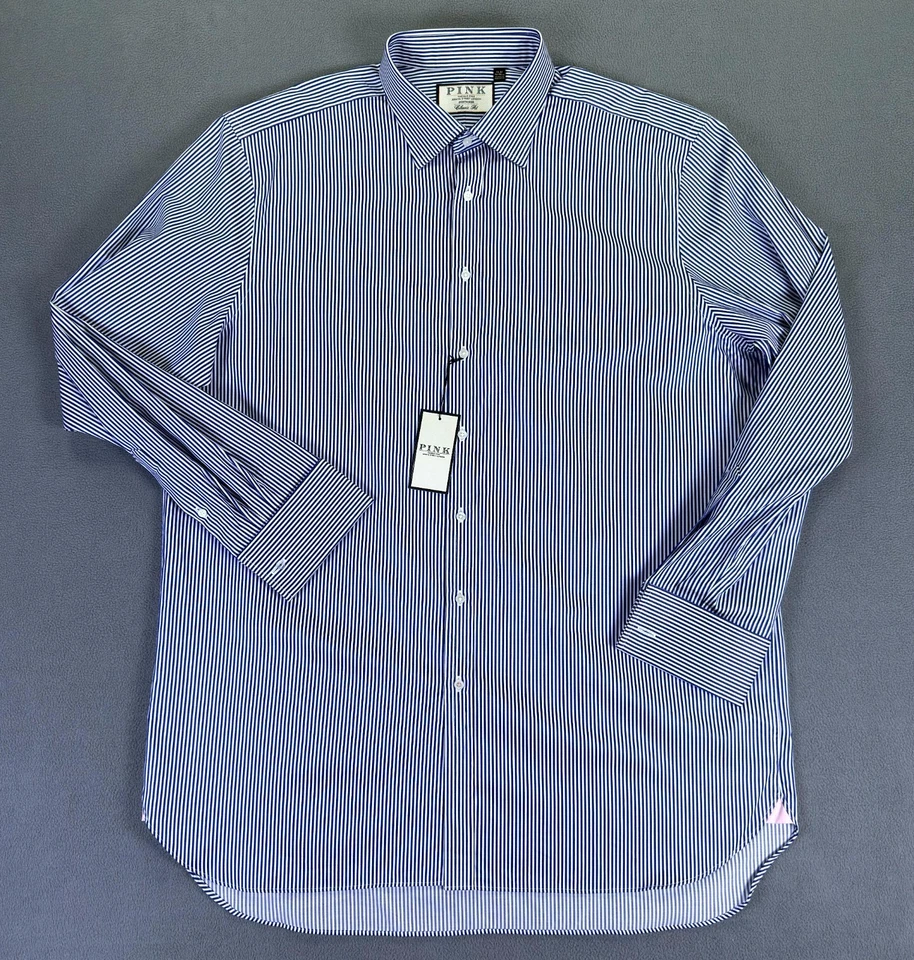 Thomas Pink Shirt Mens 18 Blue White Grant Classic French Cuff Old Money New - Image 2 of 4