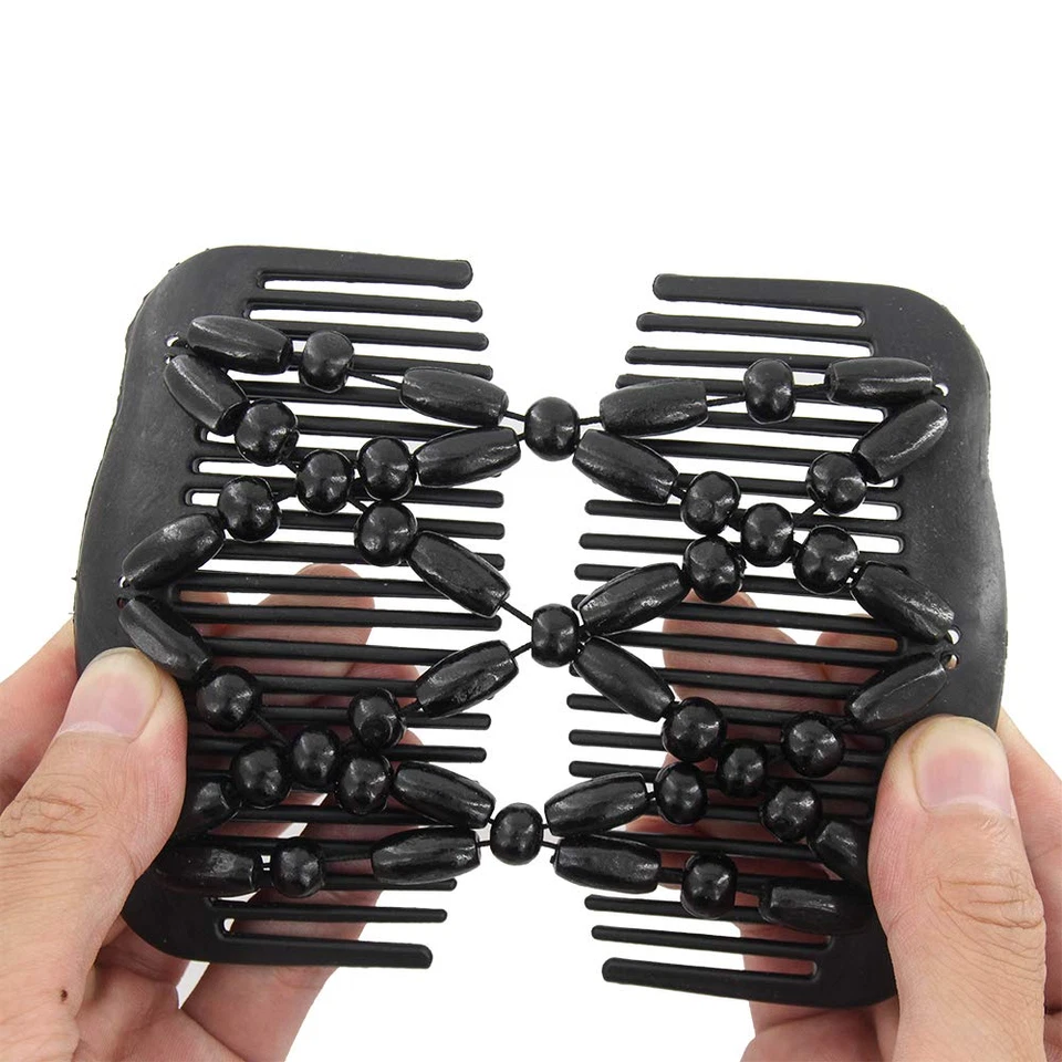 Peines laterales Magic Hair para mujer con cuentas de madera elásticos clips dobles para hacer moños  Foto 4 de 4