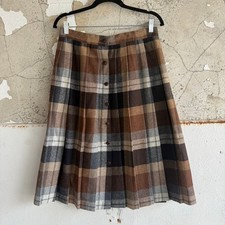 Vtg 70s Plaid Midi Skirt Wool A Line Button Front Brown Taupe Academia Preppy M